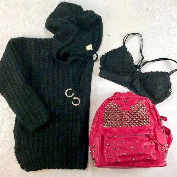 Chunky Knit Black Hooded Sweater NWT | Soft Mohair Blend Pullover | Sizes S & M - Picture 3 of 10